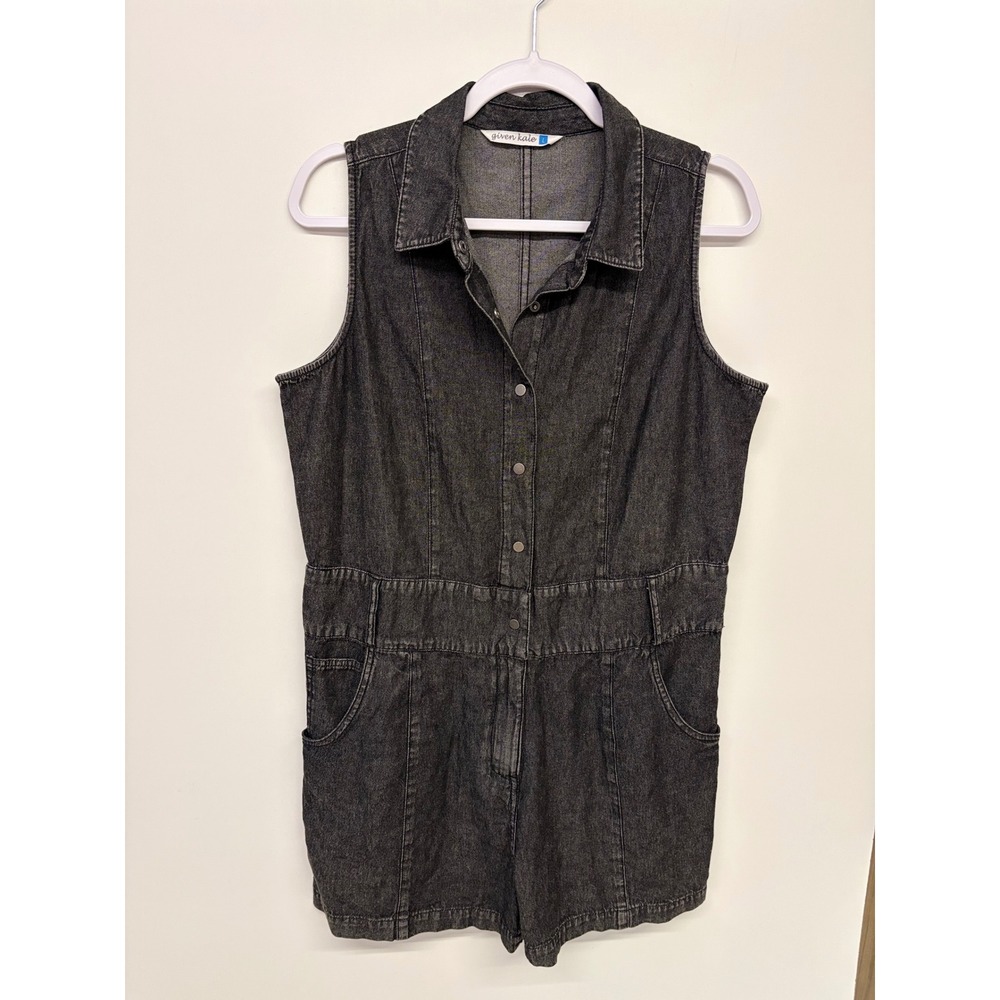90s Grunge Utility Rock Punk Romper Sleeveless Snap Front  Women L Black